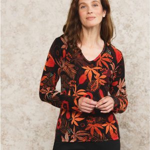 Pull Motif Feuillage Christine Laure</br><h3>Noir/Orange</h3>