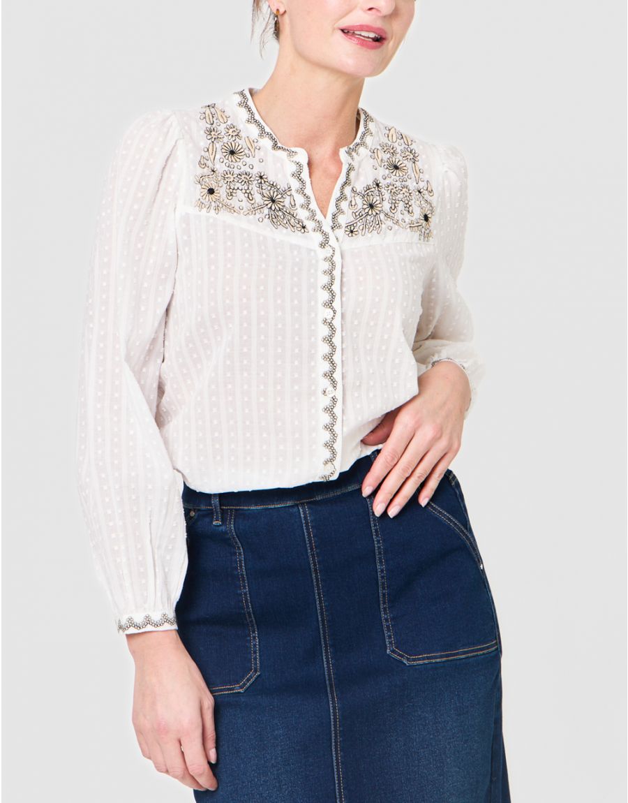 Chemisier Brodé Coton Christine Laure</br><h3>Blanc</h3>