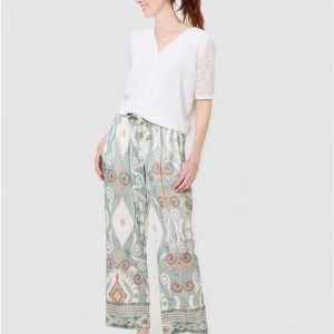 Pantalon Fluide Large à Motif Christine Laure</br><h3>Vert Amande</h3>