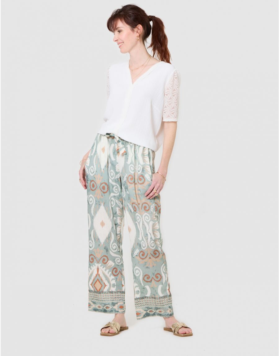 Pantalon Fluide Large à Motif Christine Laure</br><h3>Vert Amande</h3>